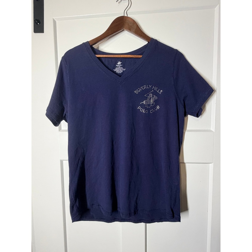 Beverly Hills Polo Club T-Shirt Womens 1X Navy Blue Good Rhinestone V-Neck Tee
